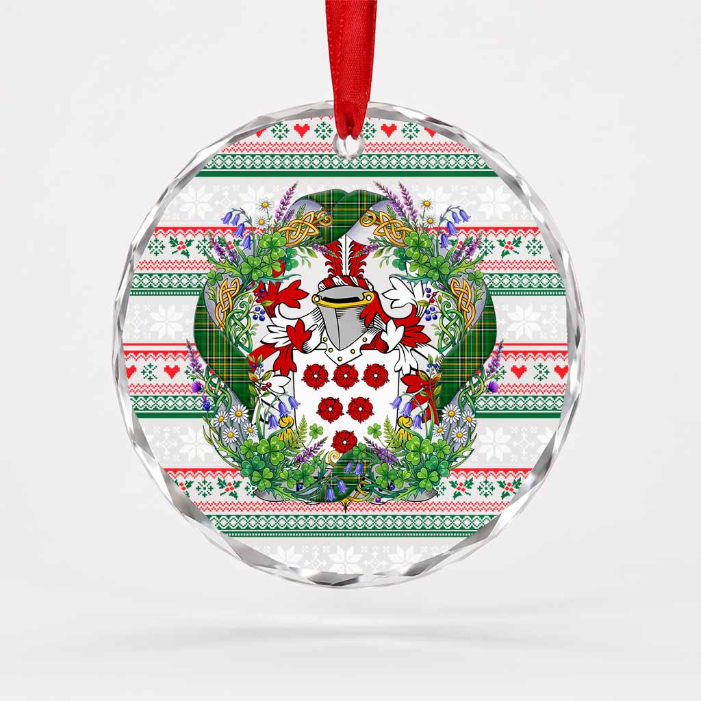 Fitz-Row Irish Tartan Crest Christmas Glass Circle Ornament Shamrock Flowers Wreath