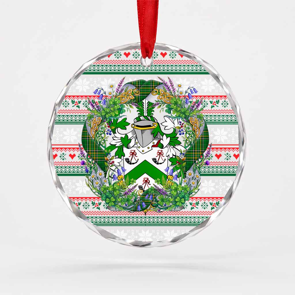Foster Irish Tartan Crest Christmas Glass Circle Ornament Shamrock Flowers Wreath