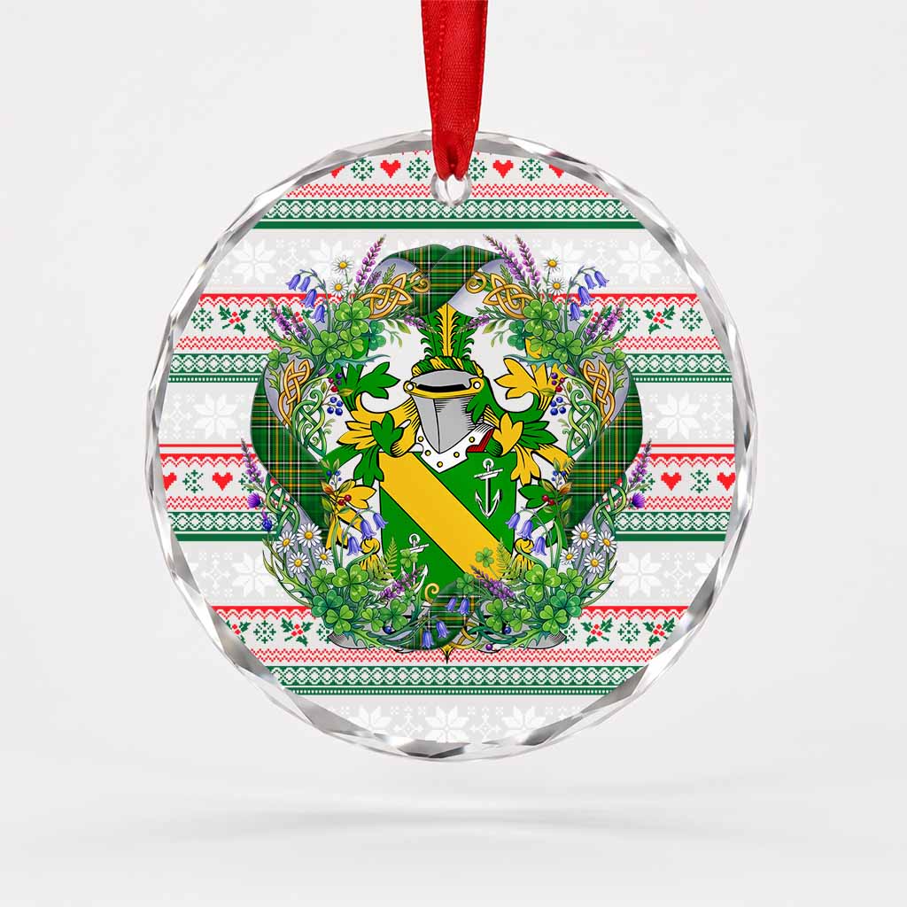 Grumley Irish Tartan Crest Christmas Glass Circle Ornament Shamrock Flowers Wreath