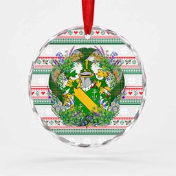 Grumley Irish Tartan Crest Christmas Glass Circle Ornament Shamrock Flowers Wreath