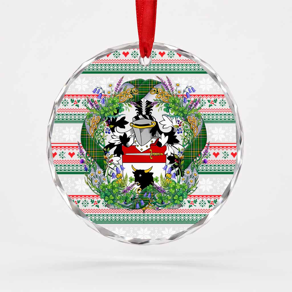 Dickson Irish Tartan Crest Christmas Glass Circle Ornament Shamrock Flowers Wreath