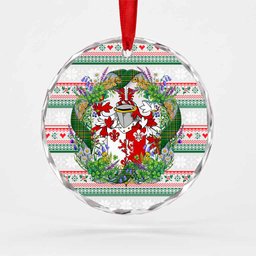 Goodwin Irish Tartan Crest Christmas Glass Circle Ornament Shamrock Flowers Wreath