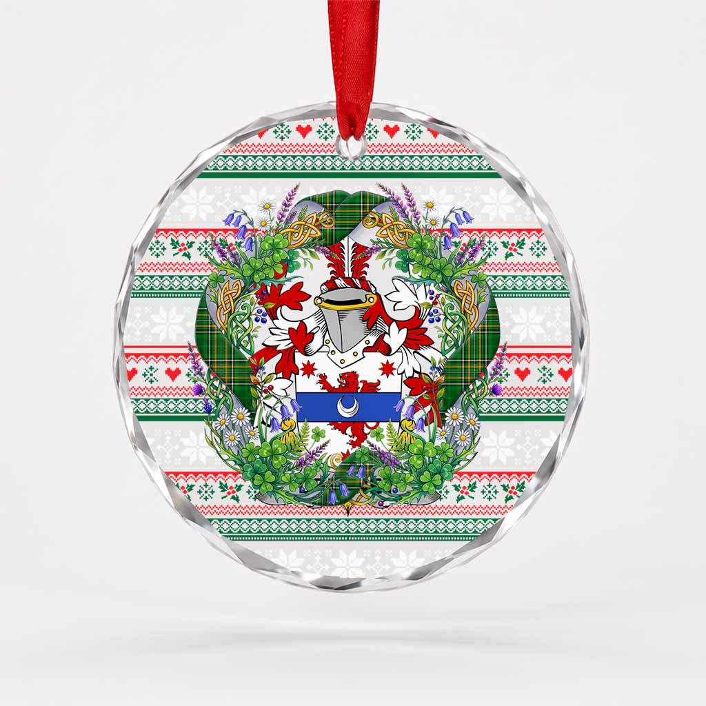 Delaney Irish Tartan Crest Christmas Glass Circle Ornament Shamrock Flowers Wreath