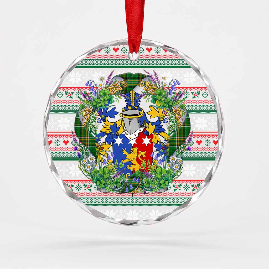 English Irish Tartan Crest Christmas Glass Circle Ornament Shamrock Flowers Wreath