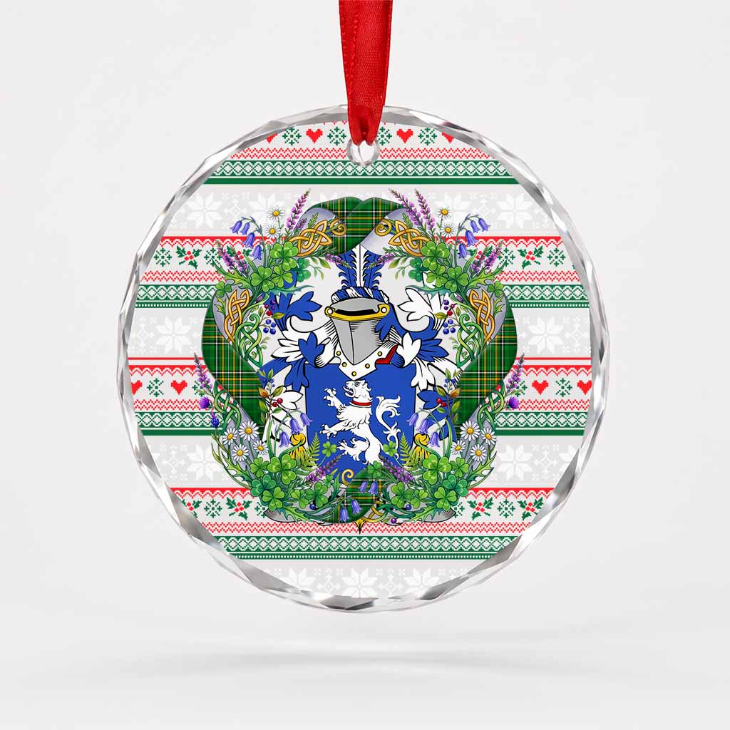 Domvile Irish Tartan Crest Christmas Glass Circle Ornament Shamrock Flowers Wreath