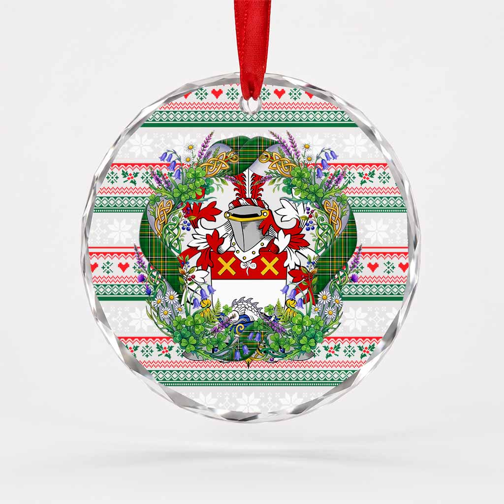 Franklin Irish Tartan Crest Christmas Glass Circle Ornament Shamrock Flowers Wreath