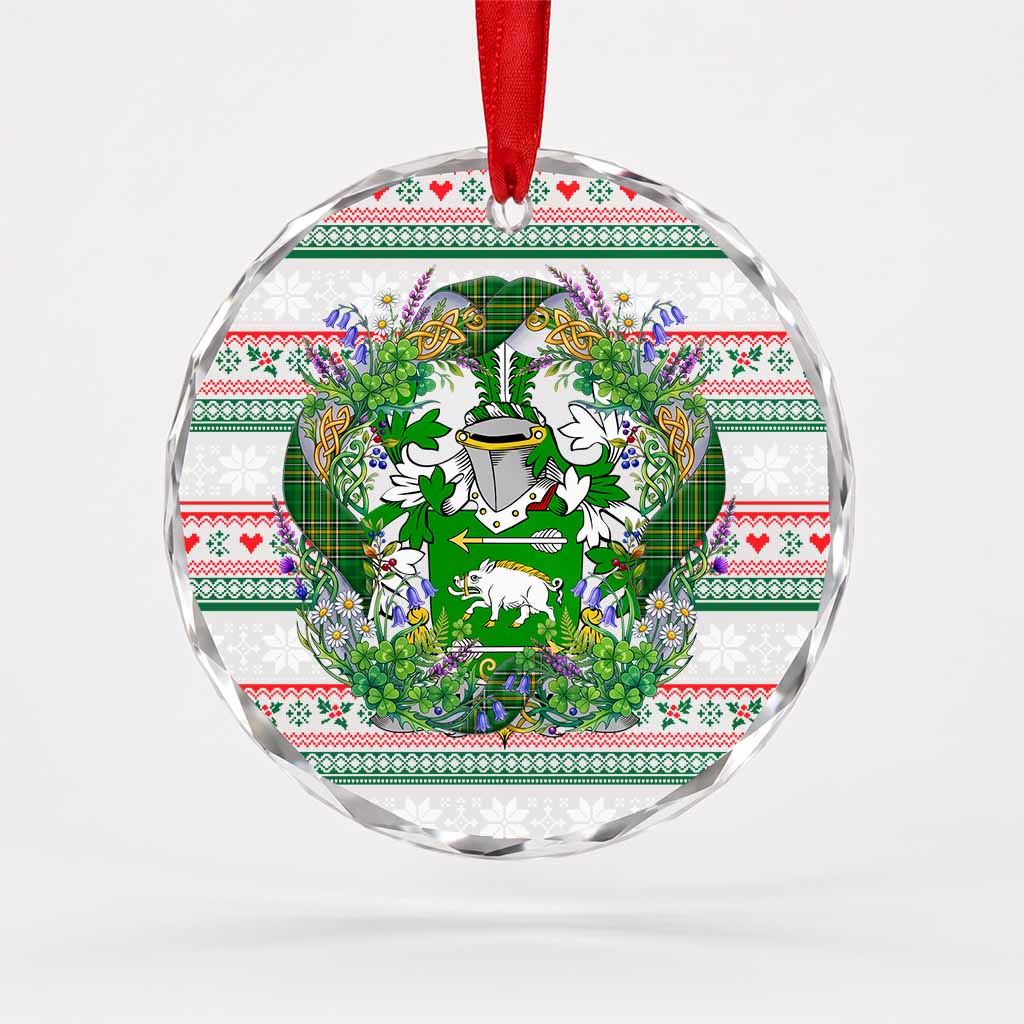 Hanly Irish Tartan Crest Christmas Glass Circle Ornament Shamrock Flowers Wreath