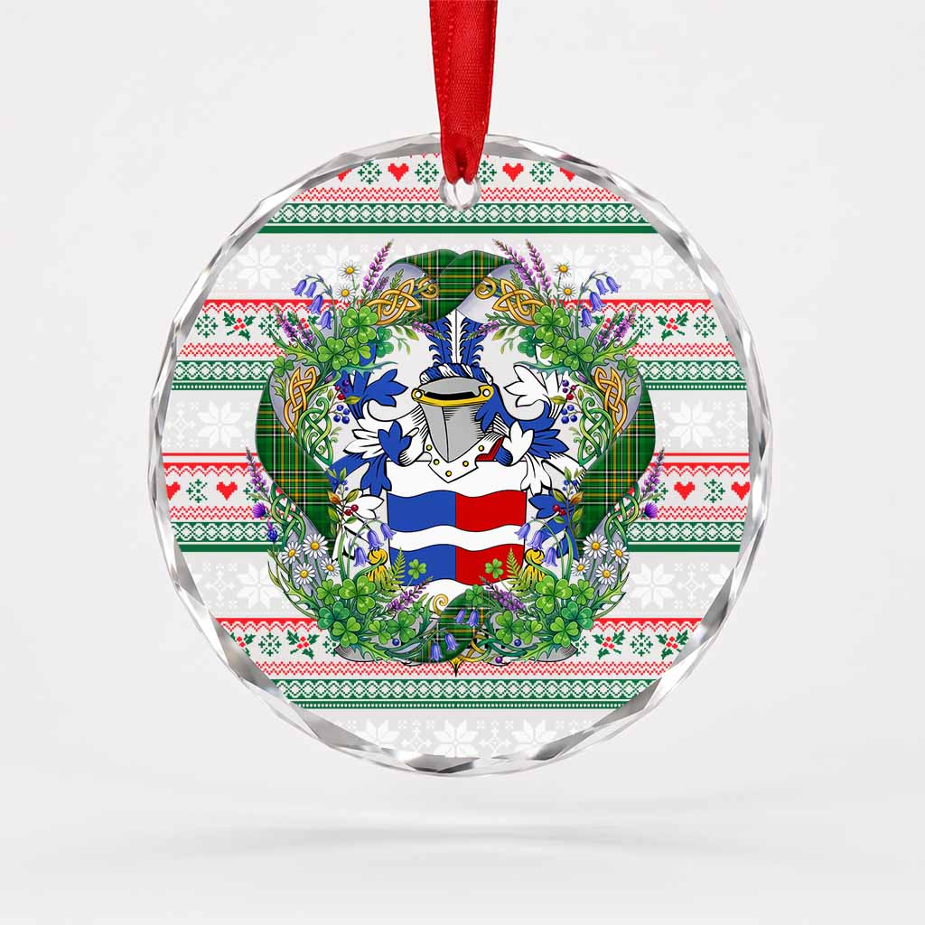 Elliott Irish Tartan Crest Christmas Glass Circle Ornament Shamrock Flowers Wreath