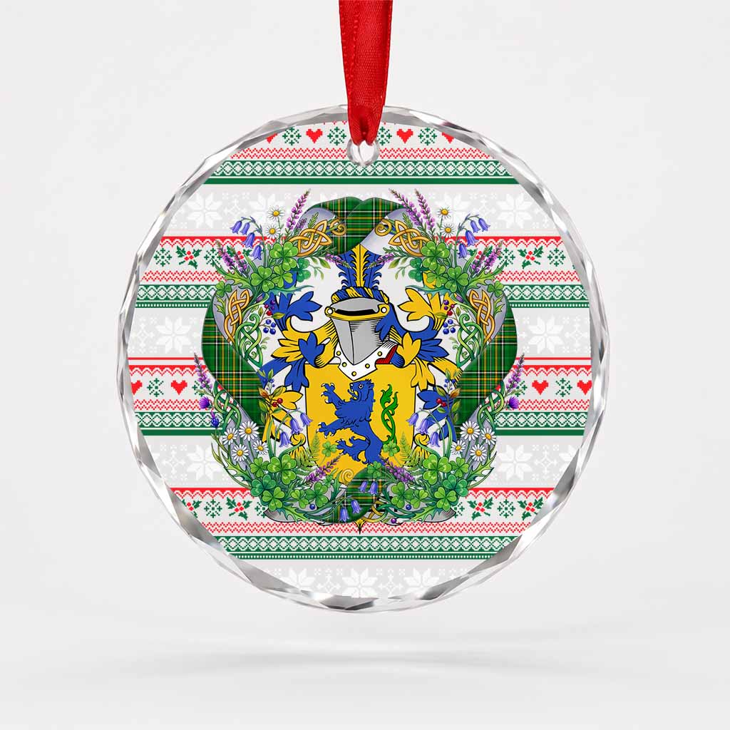 Dudley Irish Tartan Crest Christmas Glass Circle Ornament Shamrock Flowers Wreath