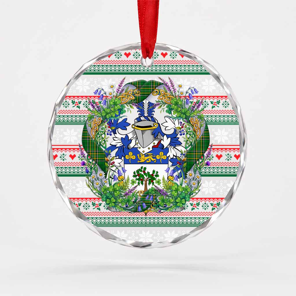 Dowling Irish Tartan Crest Christmas Glass Circle Ornament Shamrock Flowers Wreath