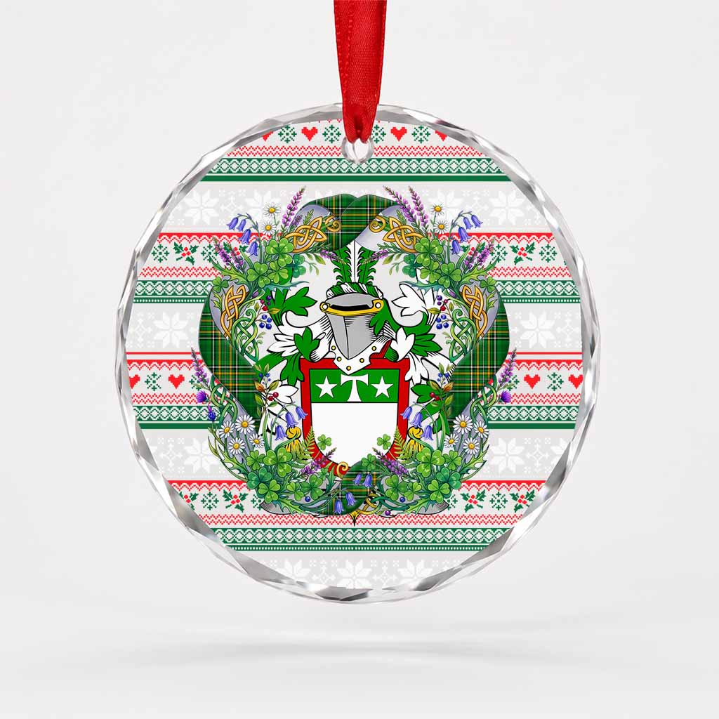 Drury Irish Tartan Crest Christmas Glass Circle Ornament Shamrock Flowers Wreath