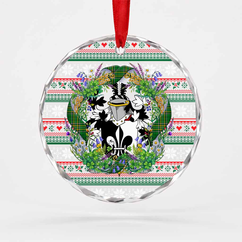 Finglas Irish Tartan Crest Christmas Glass Circle Ornament Shamrock Flowers Wreath