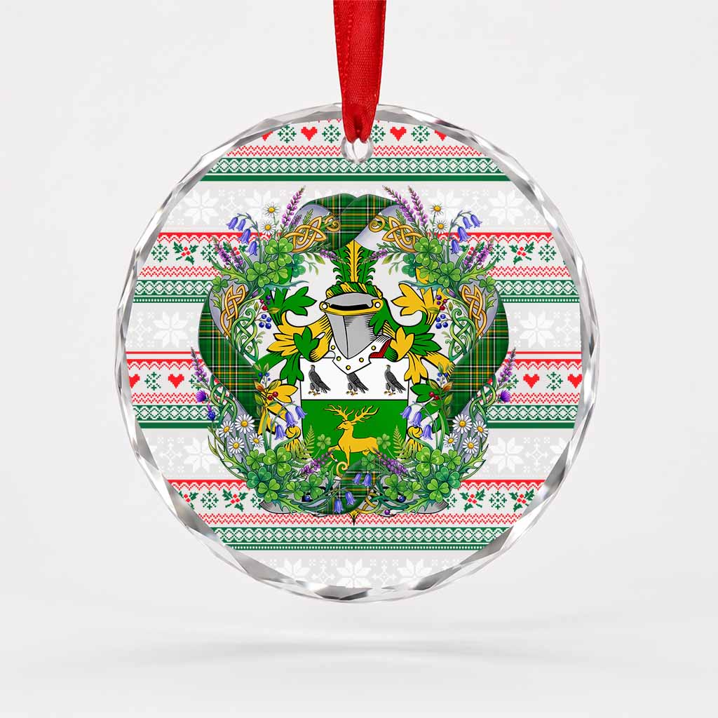 Edwards Irish Tartan Crest Christmas Glass Circle Ornament Shamrock Flowers Wreath