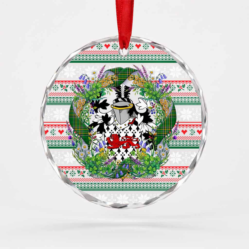 Drew Irish Tartan Crest Christmas Glass Circle Ornament Shamrock Flowers Wreath