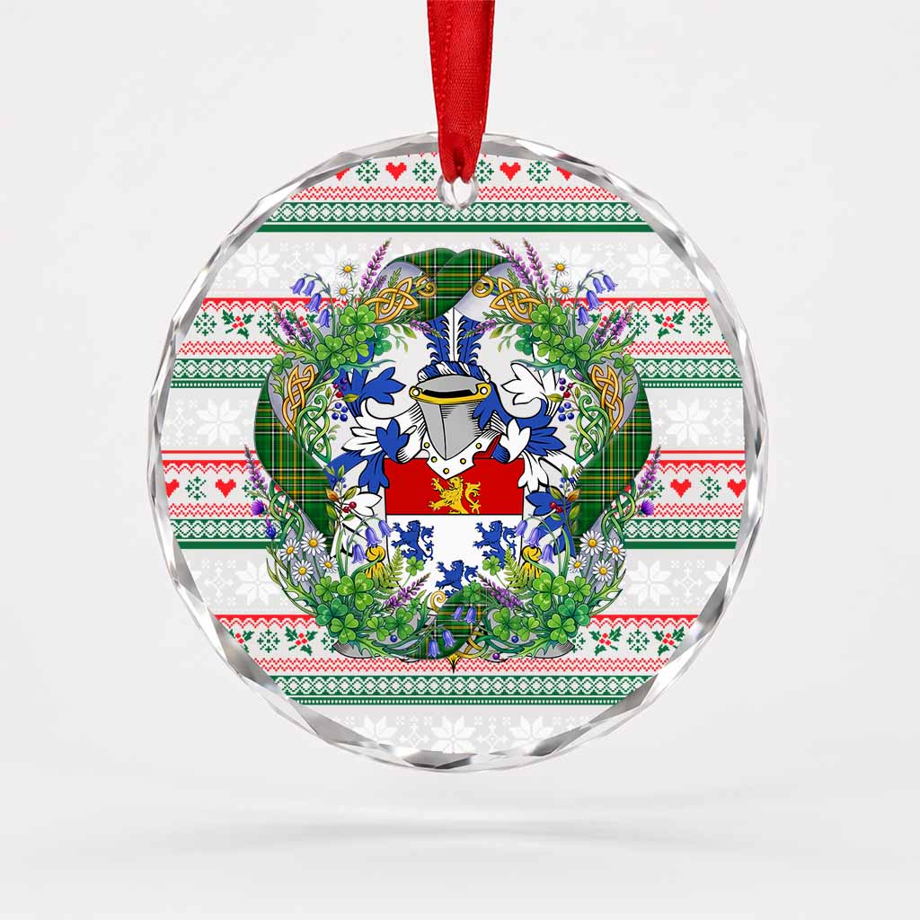 Gara Irish Tartan Crest Christmas Glass Circle Ornament Shamrock Flowers Wreath