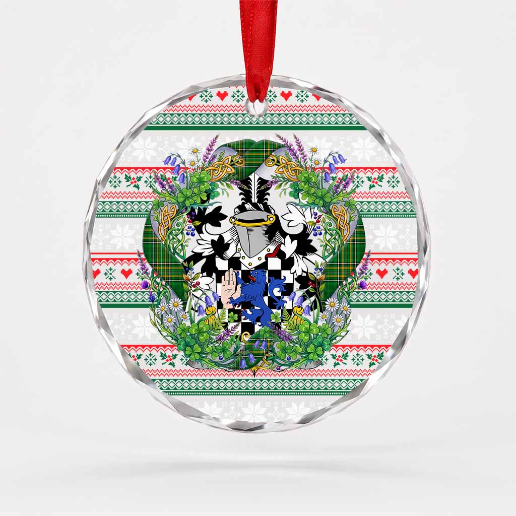 Hand Irish Tartan Crest Christmas Glass Circle Ornament Shamrock Flowers Wreath
