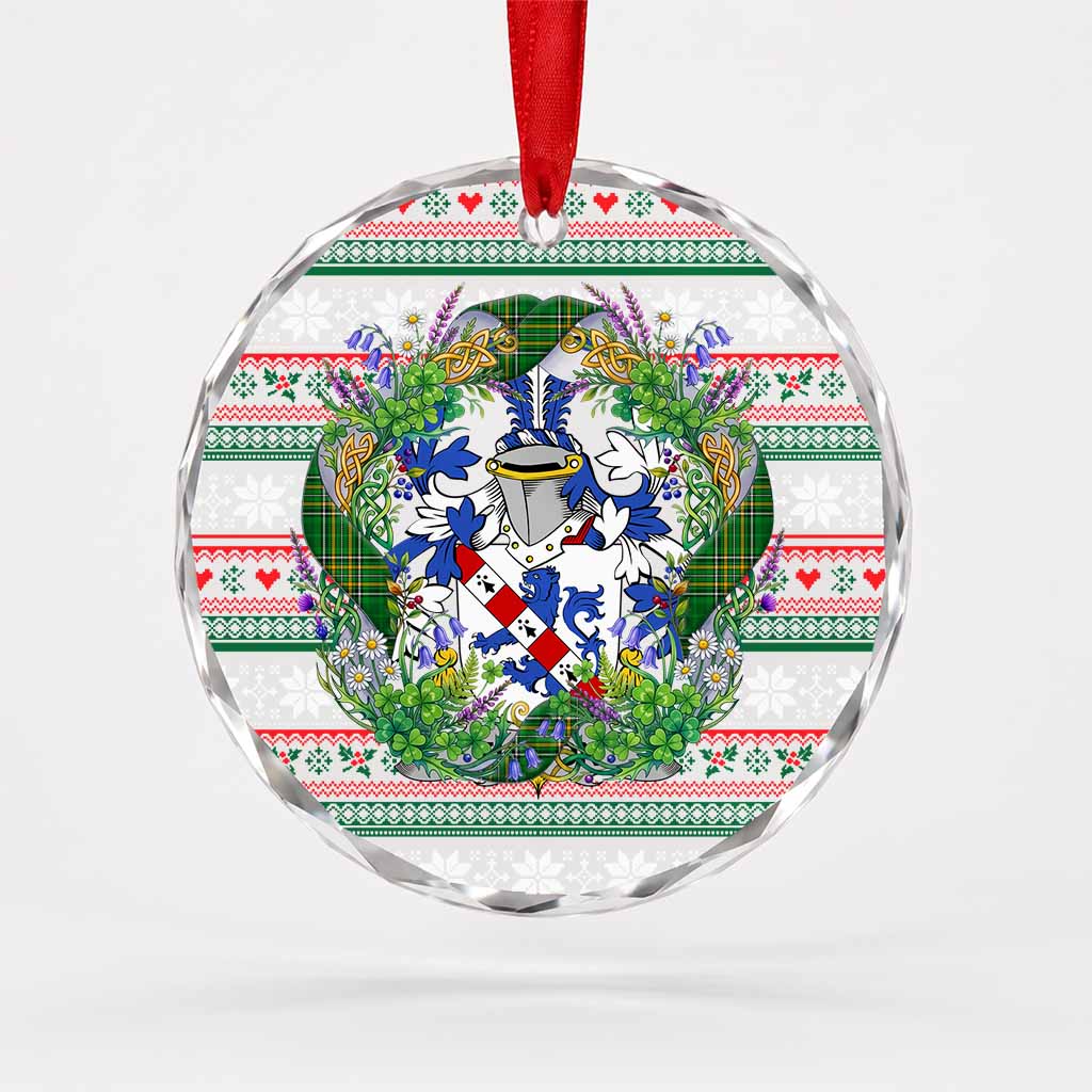 Fulton Irish Tartan Crest Christmas Glass Circle Ornament Shamrock Flowers Wreath