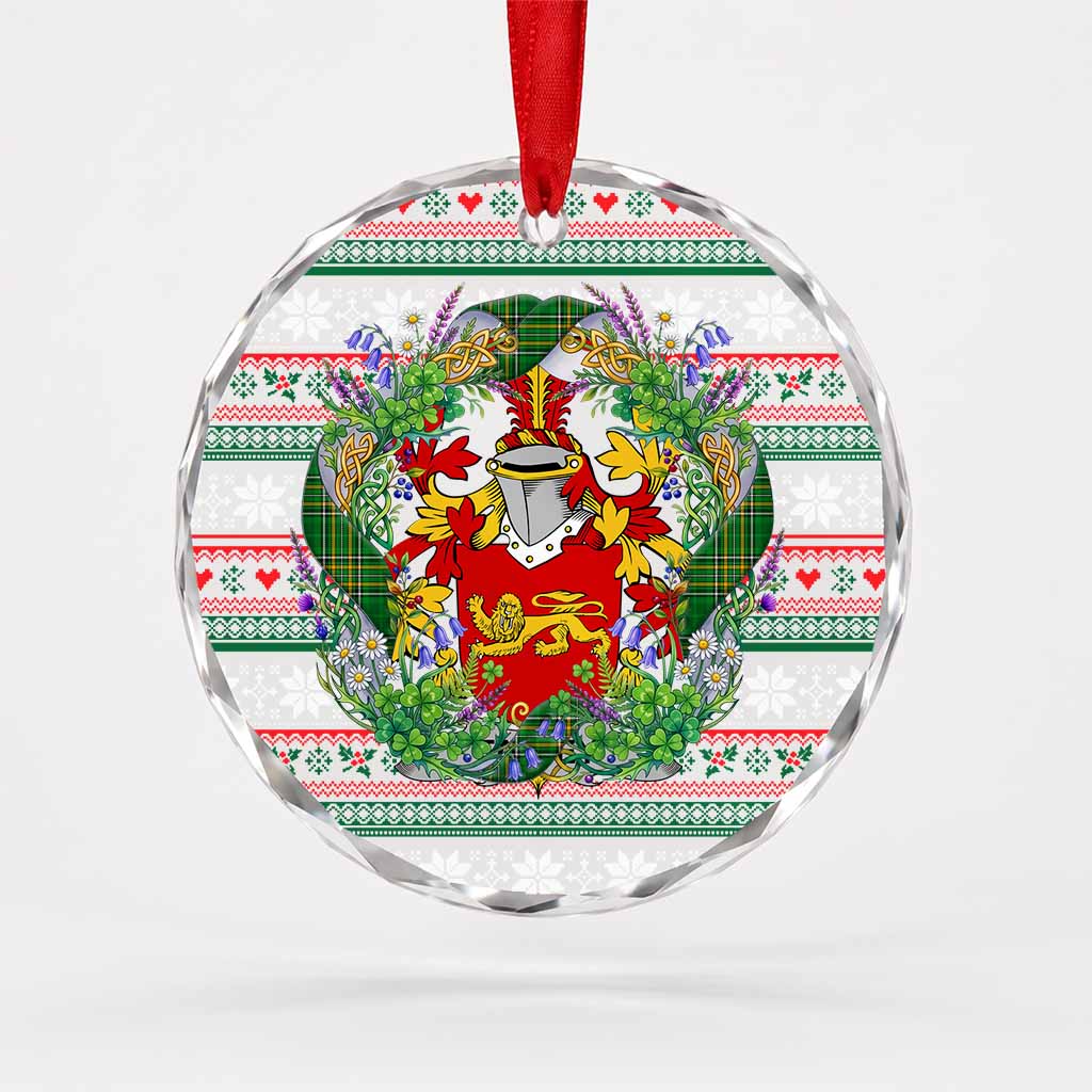 Falvey Irish Tartan Crest Christmas Glass Circle Ornament Shamrock Flowers Wreath