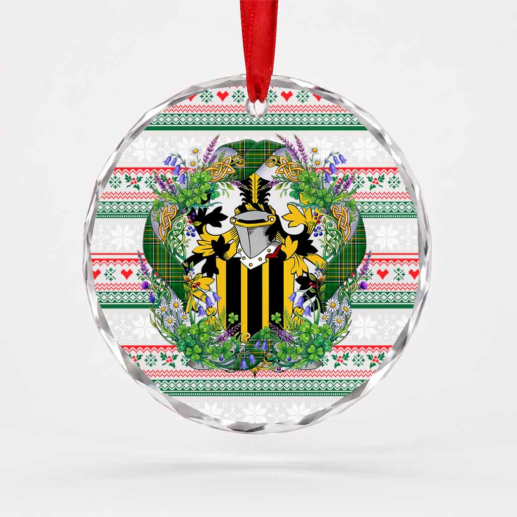 Farley Irish Tartan Crest Christmas Glass Circle Ornament Shamrock Flowers Wreath