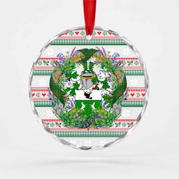 Donohue Irish Tartan Crest Christmas Glass Circle Ornament Shamrock Flowers Wreath