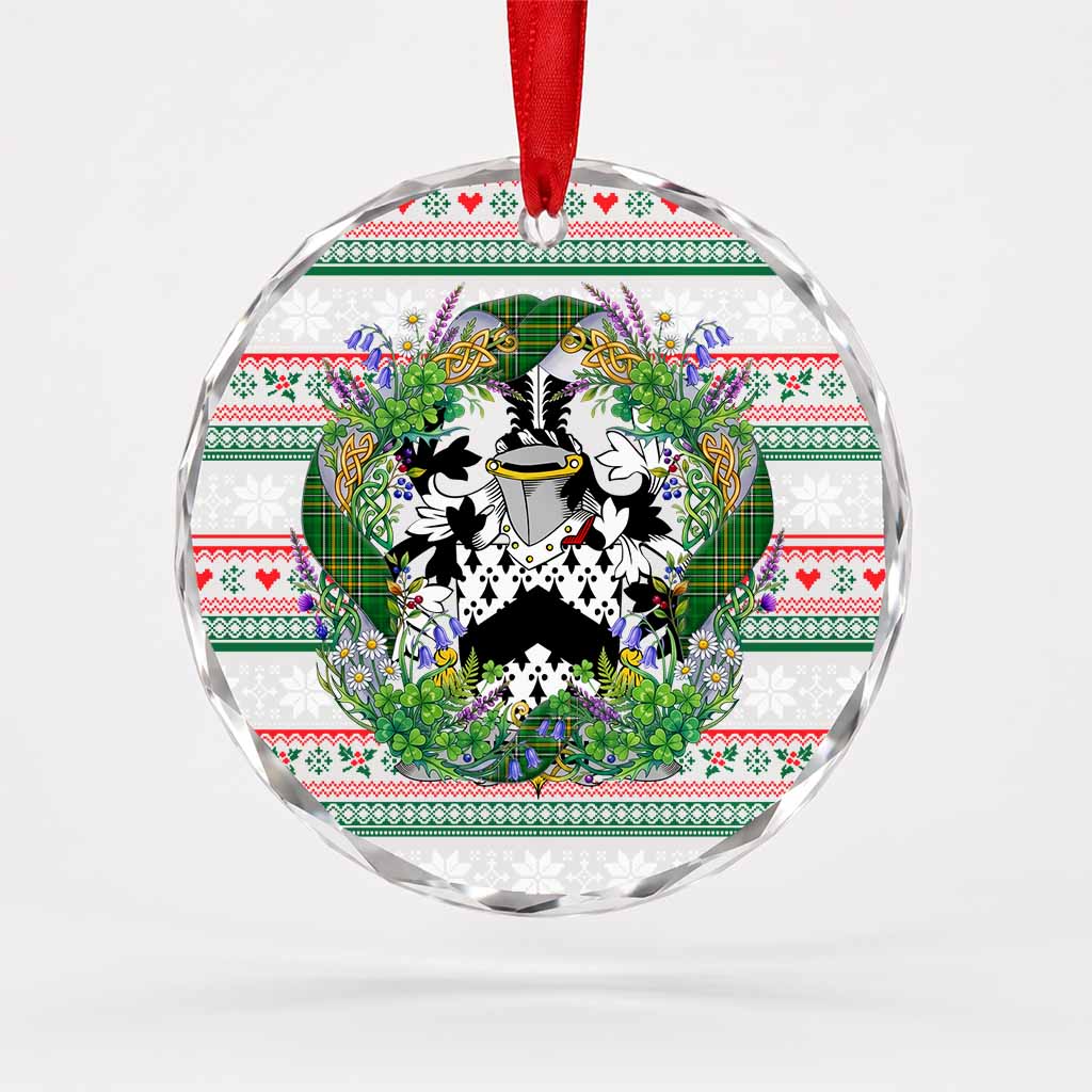 French Irish Tartan Crest Christmas Glass Circle Ornament Shamrock Flowers Wreath