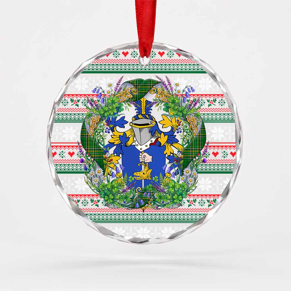 Fahey Irish Tartan Crest Christmas Glass Circle Ornament Shamrock Flowers Wreath