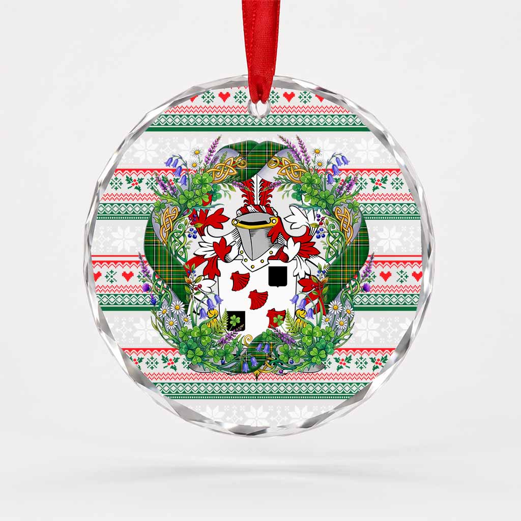 Delahay Irish Tartan Crest Christmas Glass Circle Ornament Shamrock Flowers Wreath