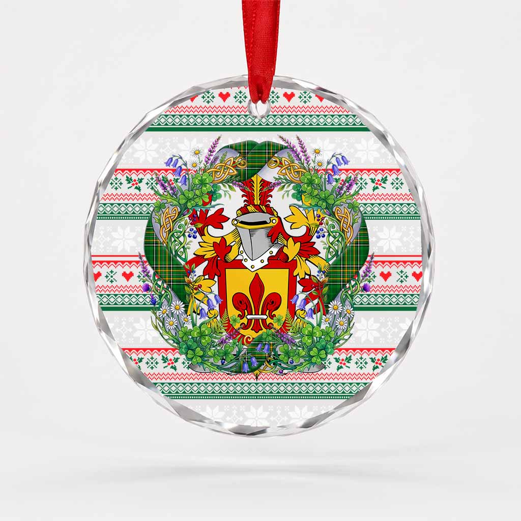 Freeney Irish Tartan Crest Christmas Glass Circle Ornament Shamrock Flowers Wreath