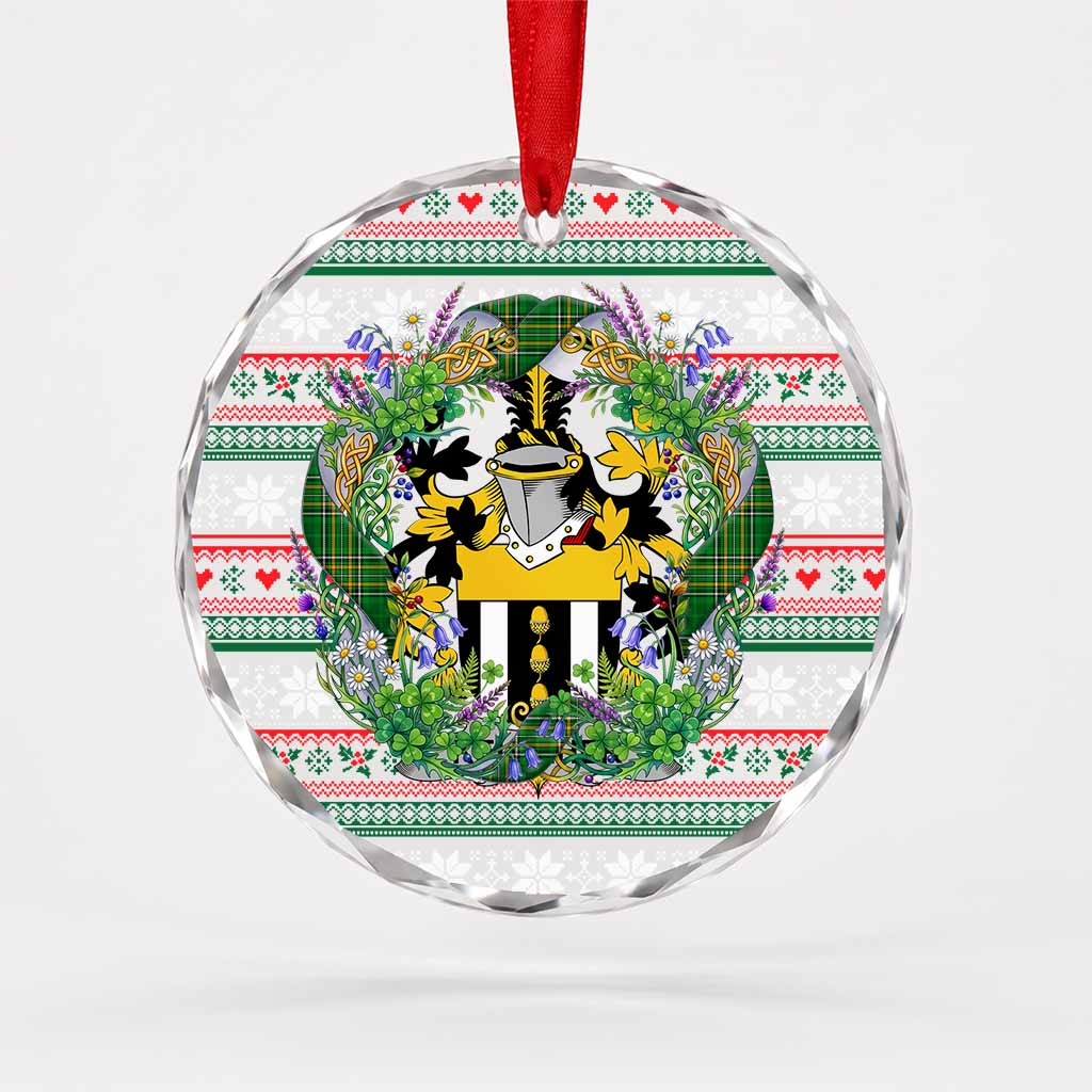 Kelleher Irish Tartan Crest Christmas Glass Circle Ornament Shamrock Flowers Wreath
