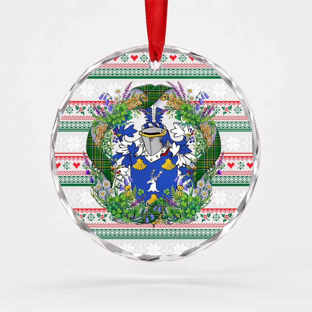 Mulholland Irish Tartan Crest Christmas Glass Circle Ornament Shamrock Flowers Wreath