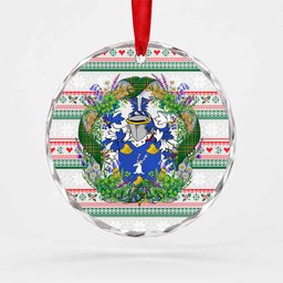 Mulholland Irish Tartan Crest Christmas Glass Circle Ornament Shamrock Flowers Wreath