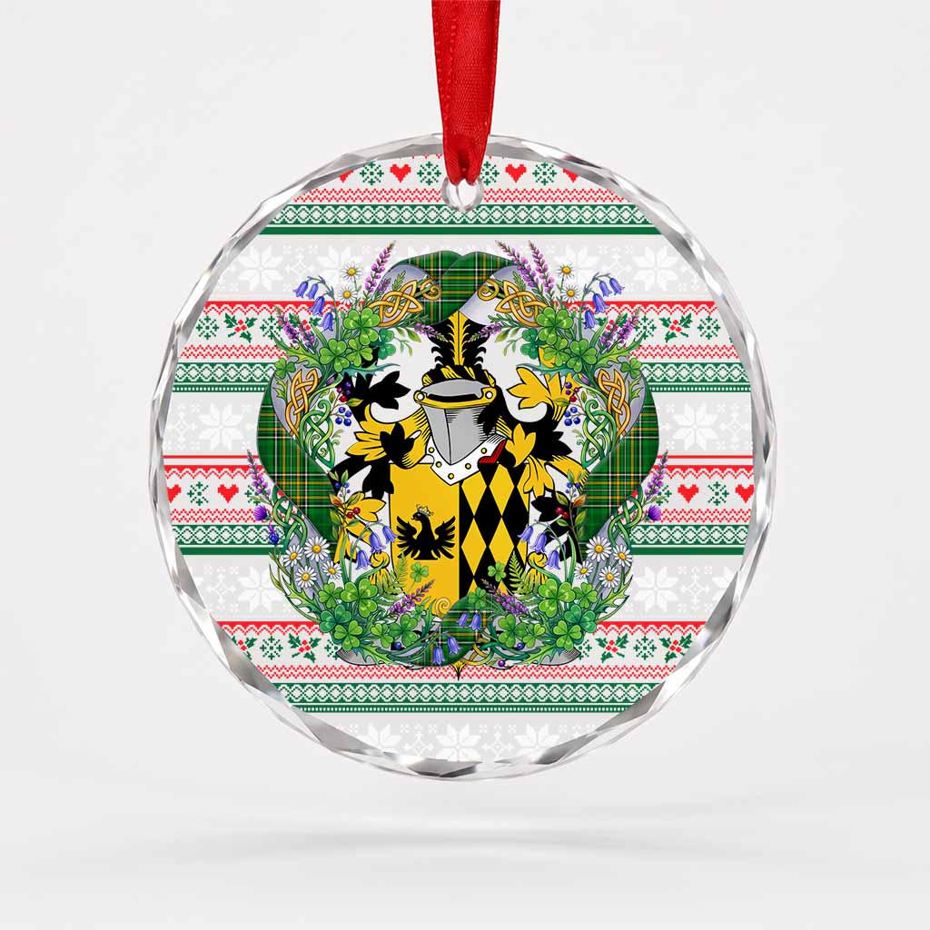 Lombard Irish Tartan Crest Christmas Glass Circle Ornament Shamrock Flowers Wreath