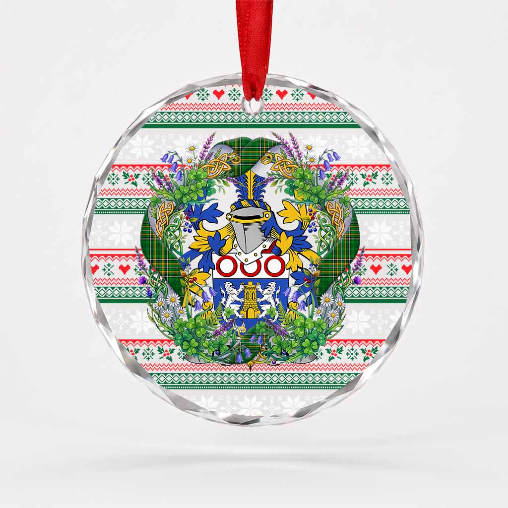 Hoolihan Irish Tartan Crest Christmas Glass Circle Ornament Shamrock Flowers Wreath
