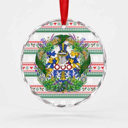 Hoolihan Irish Tartan Crest Christmas Glass Circle Ornament Shamrock Flowers Wreath