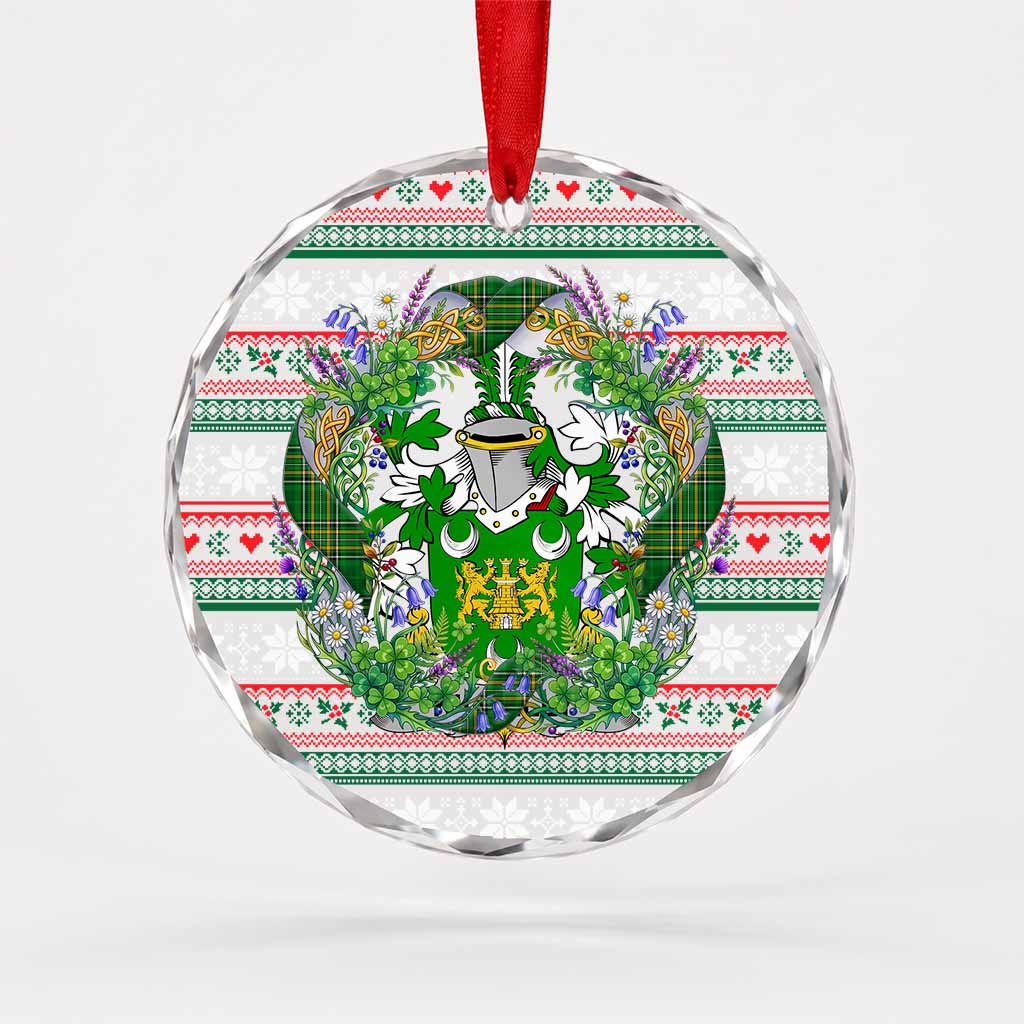Kilkelly Irish Tartan Crest Christmas Glass Circle Ornament Shamrock Flowers Wreath