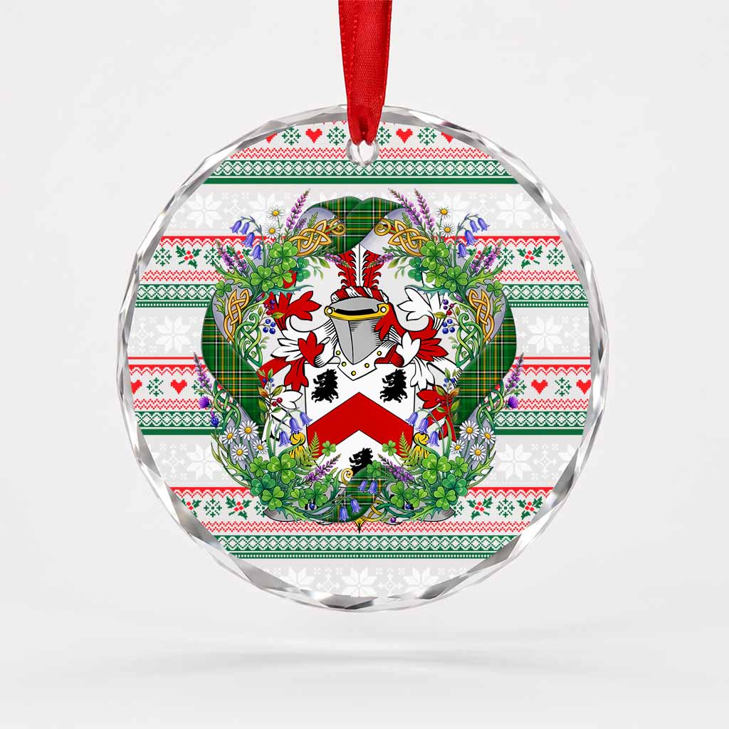 Mulligan Irish Tartan Crest Christmas Glass Circle Ornament Shamrock Flowers Wreath