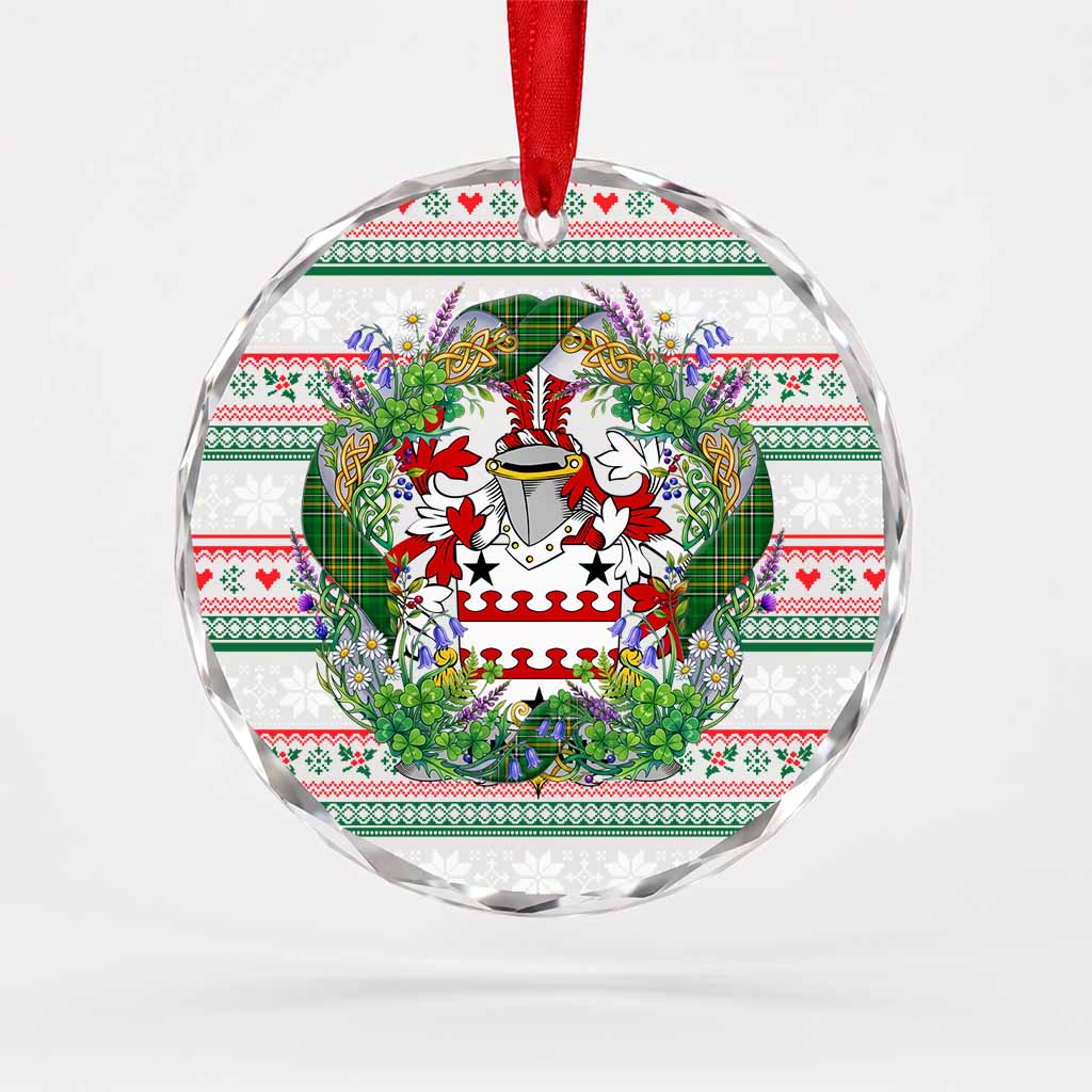 Kinnane Irish Tartan Crest Christmas Glass Circle Ornament Shamrock Flowers Wreath