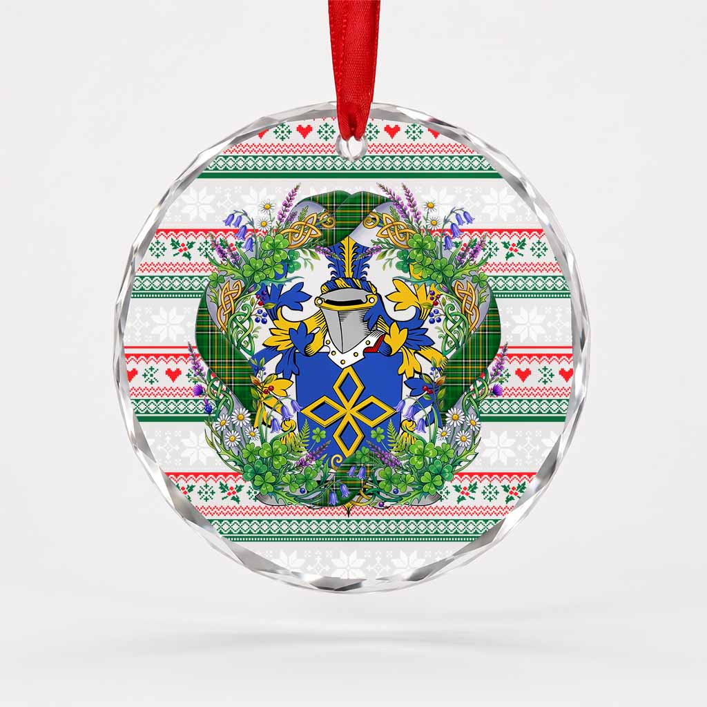 Meller Irish Tartan Crest Christmas Glass Circle Ornament Shamrock Flowers Wreath