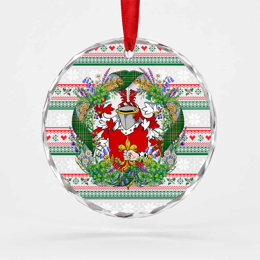 Mohun Irish Tartan Crest Christmas Glass Circle Ornament Shamrock Flowers Wreath