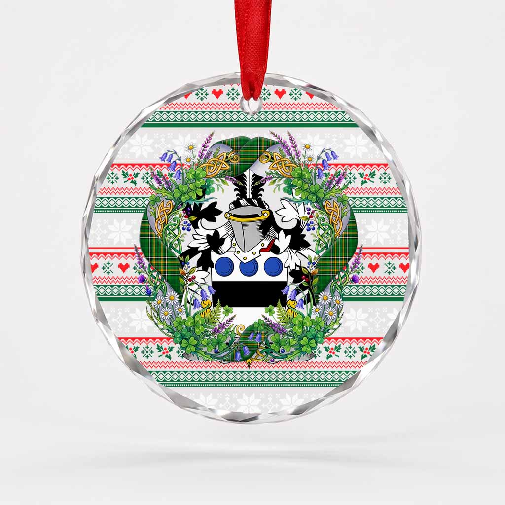 Langley Irish Tartan Crest Christmas Glass Circle Ornament Shamrock Flowers Wreath