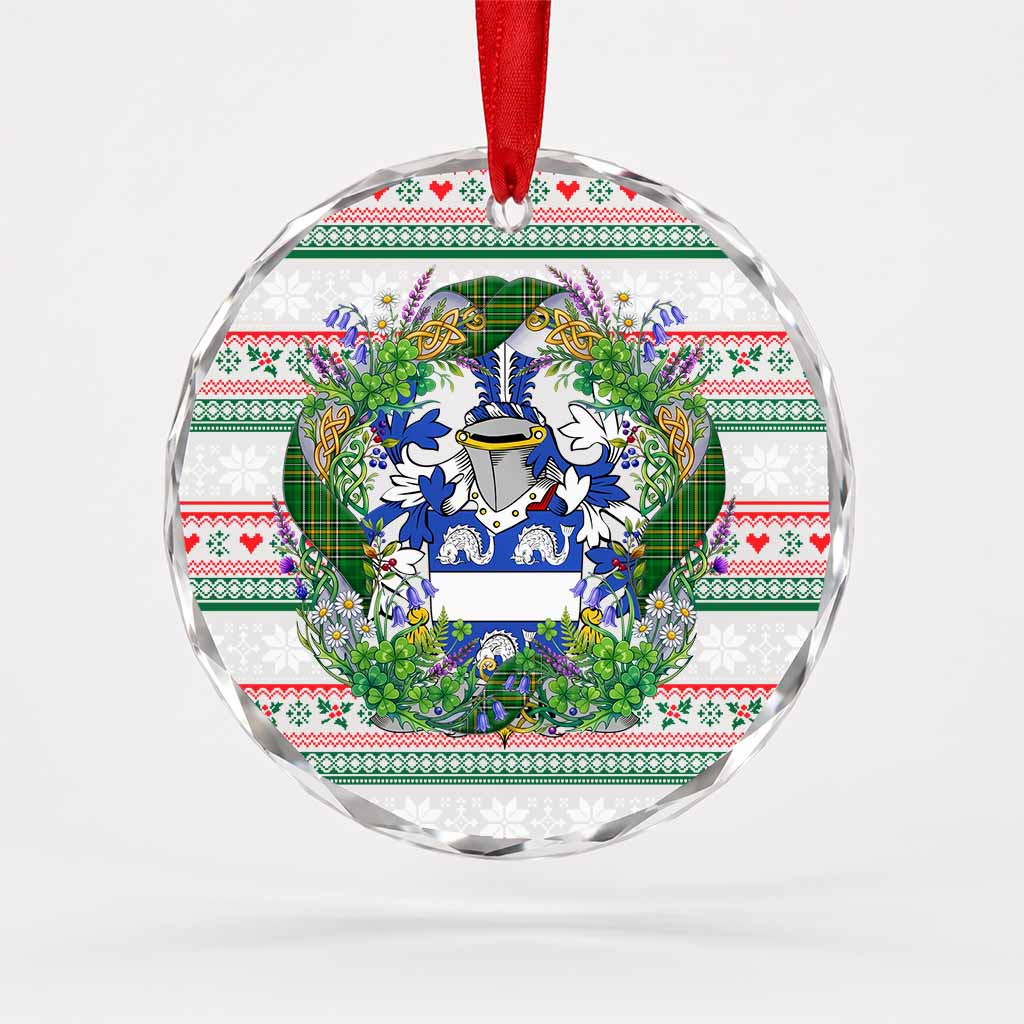 Leman Irish Tartan Crest Christmas Glass Circle Ornament Shamrock Flowers Wreath