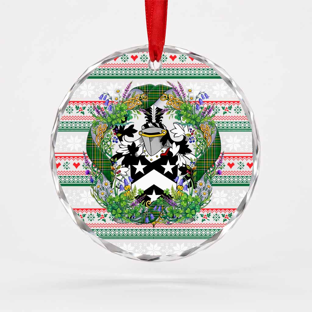 Mordaunt Irish Tartan Crest Christmas Glass Circle Ornament Shamrock Flowers Wreath