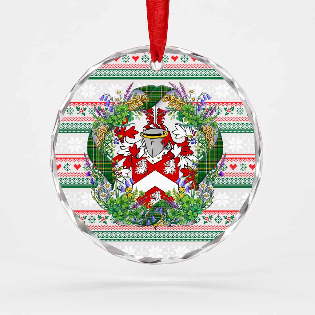 Monck Irish Tartan Crest Christmas Glass Circle Ornament Shamrock Flowers Wreath