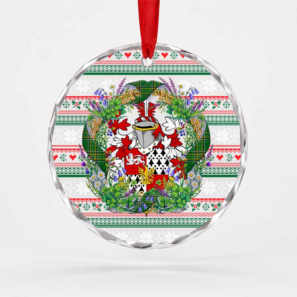 Hewson Irish Tartan Crest Christmas Glass Circle Ornament Shamrock Flowers Wreath