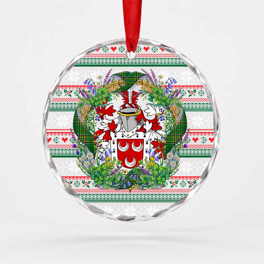 Mannion Irish Tartan Crest Christmas Glass Circle Ornament Shamrock Flowers Wreath