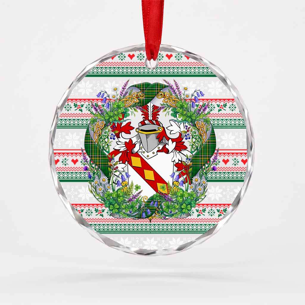 Merry Irish Tartan Crest Christmas Glass Circle Ornament Shamrock Flowers Wreath