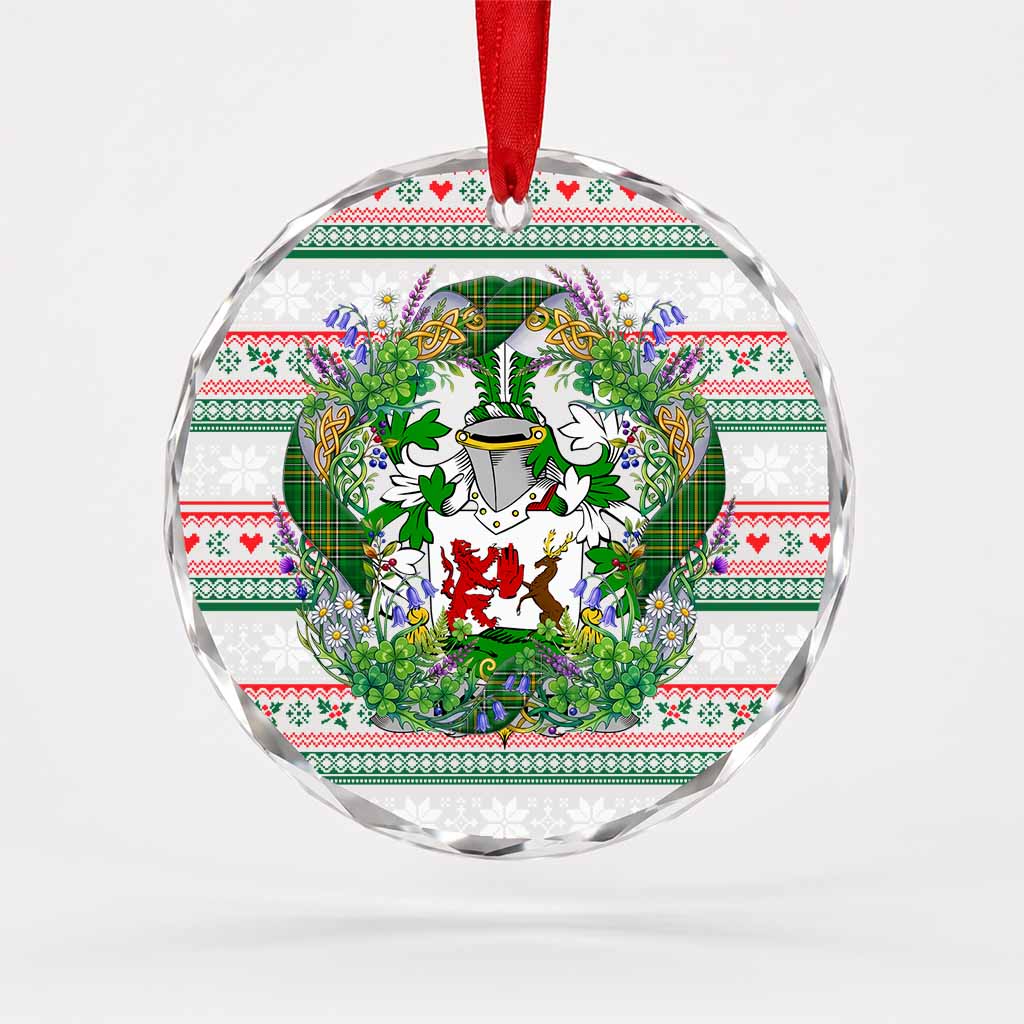 McNulty Irish Tartan Crest Christmas Glass Circle Ornament Shamrock Flowers Wreath