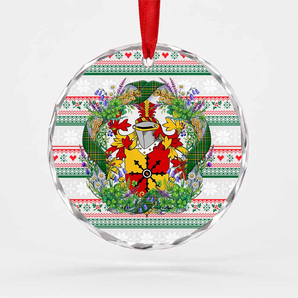 Mandevile Irish Tartan Crest Christmas Glass Circle Ornament Shamrock Flowers Wreath