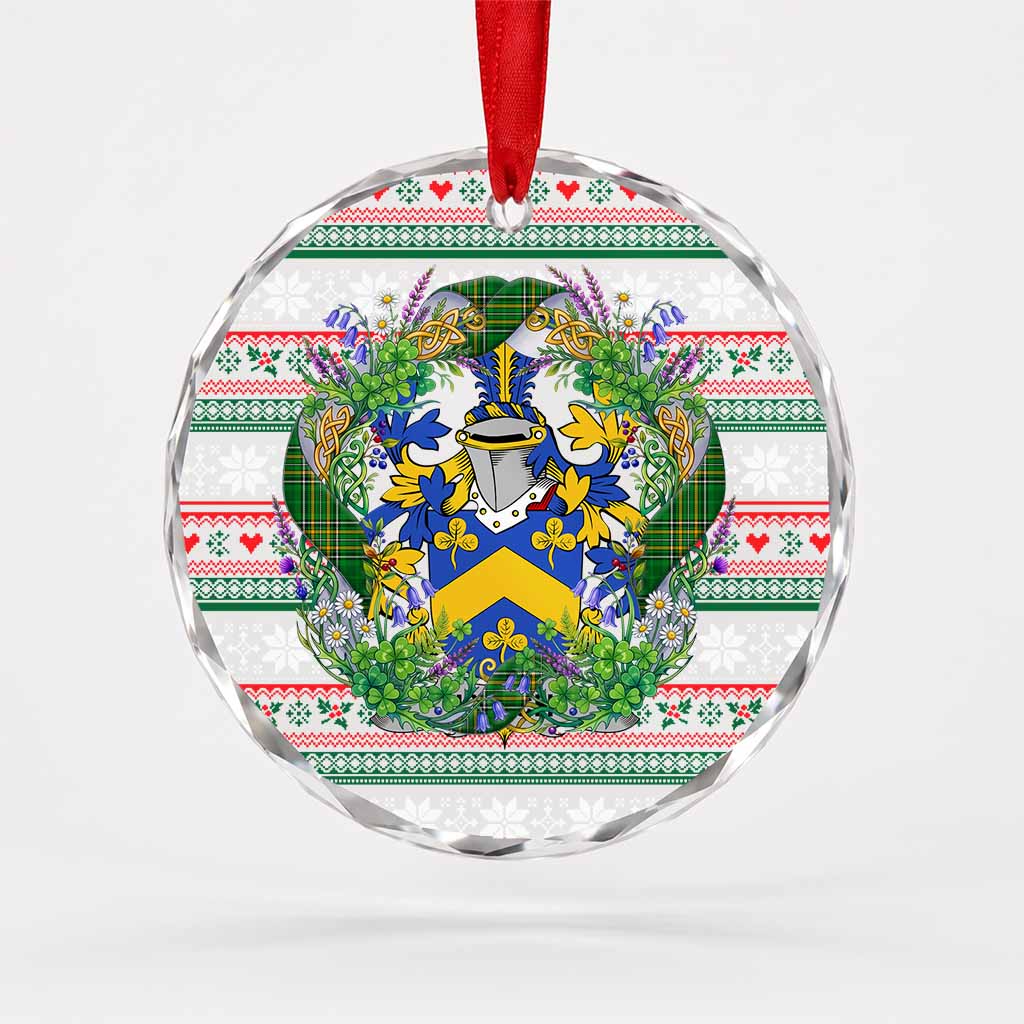 Lynch Irish Tartan Crest Christmas Glass Circle Ornament Shamrock Flowers Wreath