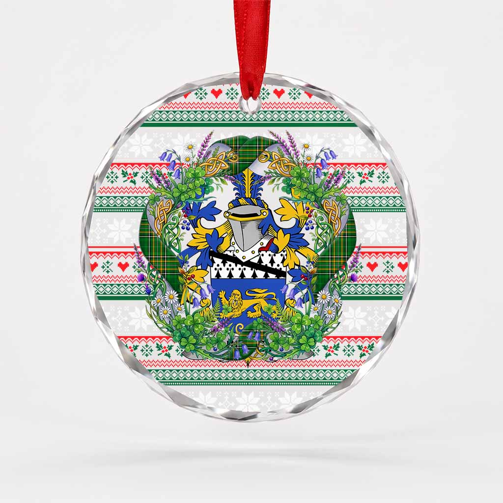 Hickey Irish Tartan Crest Christmas Glass Circle Ornament Shamrock Flowers Wreath